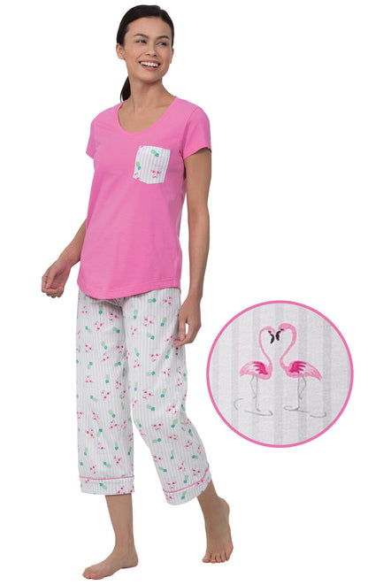 Pocket Tee Capri Pajamas - Flamingo Stipe - Final Sale