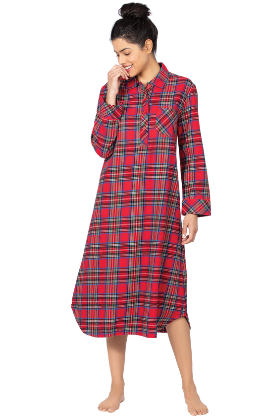 Mid-Length Flannel Nightgown - Stewart Plaid
