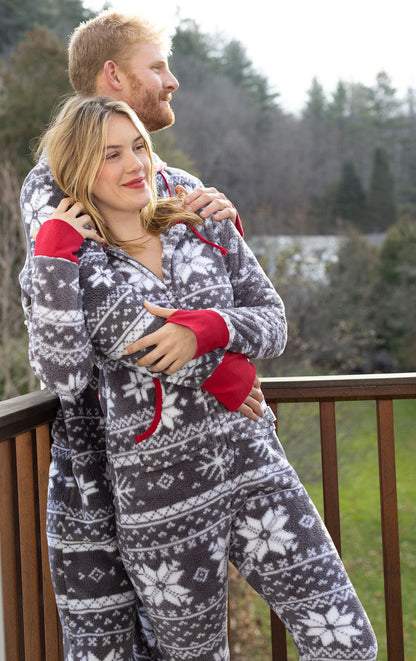 Nordic Fleece Hoodie-Footie Onesie Matching Couples Pajamas