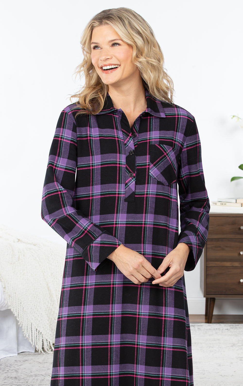 Women`s Bright Plaid Long Gown - Black