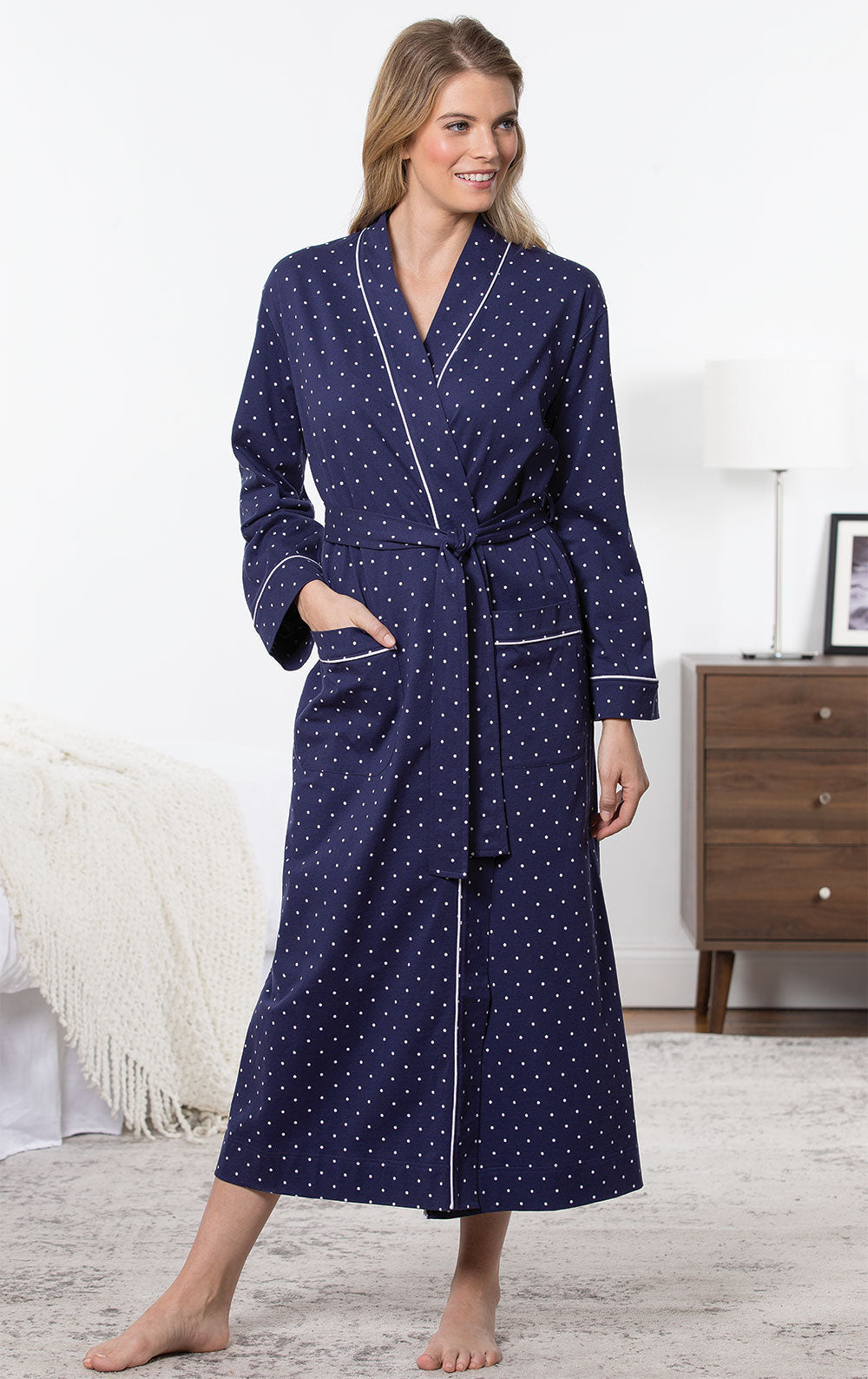 Classic Polka Dots Long Robe - Navy