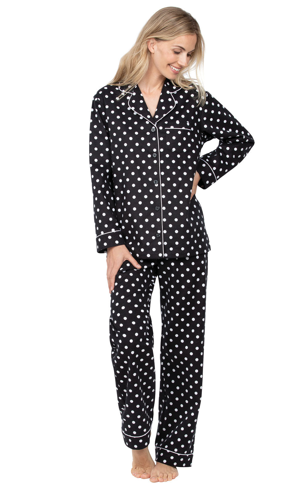 Holi-Dot Button-Front Flannel Pajamas - Black