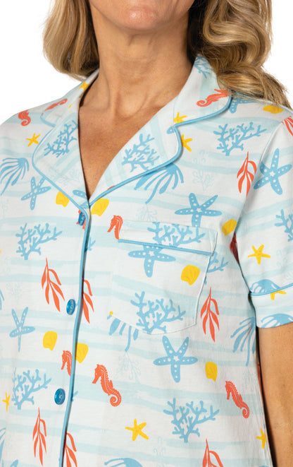 Printed Short Sleeve Button-Front Capri Pajamas