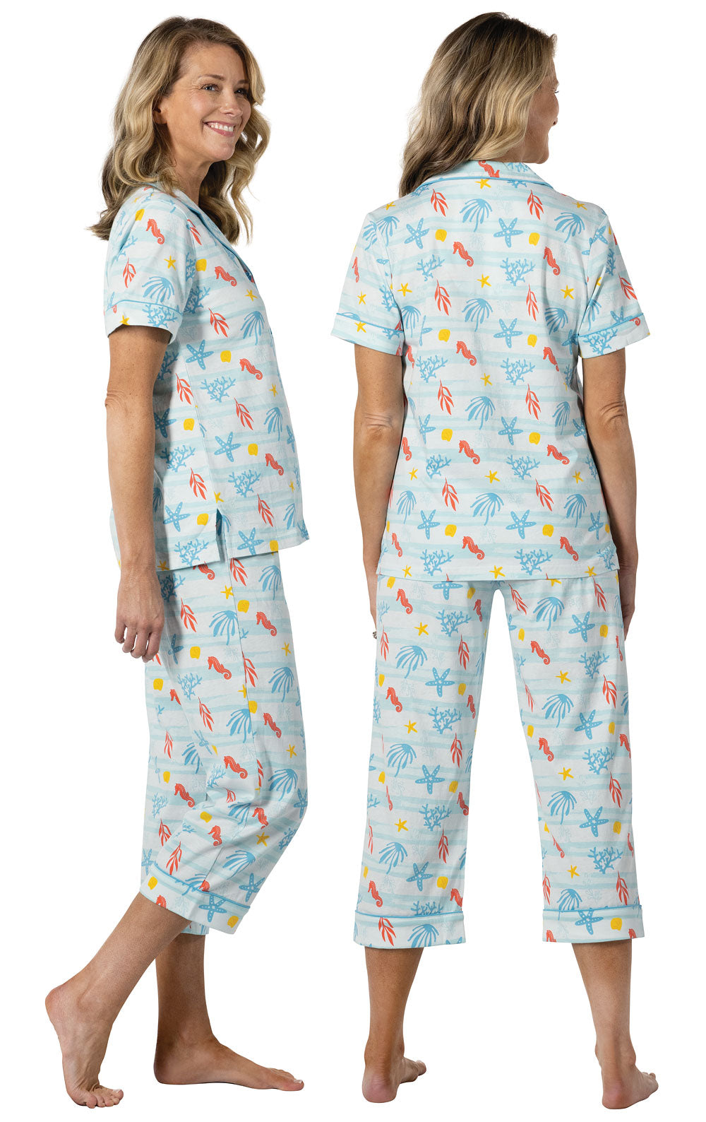 Printed Short Sleeve Button-Front Capri Pajamas