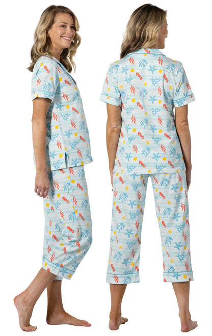 Printed Short Sleeve Button-Front Capri Pajamas