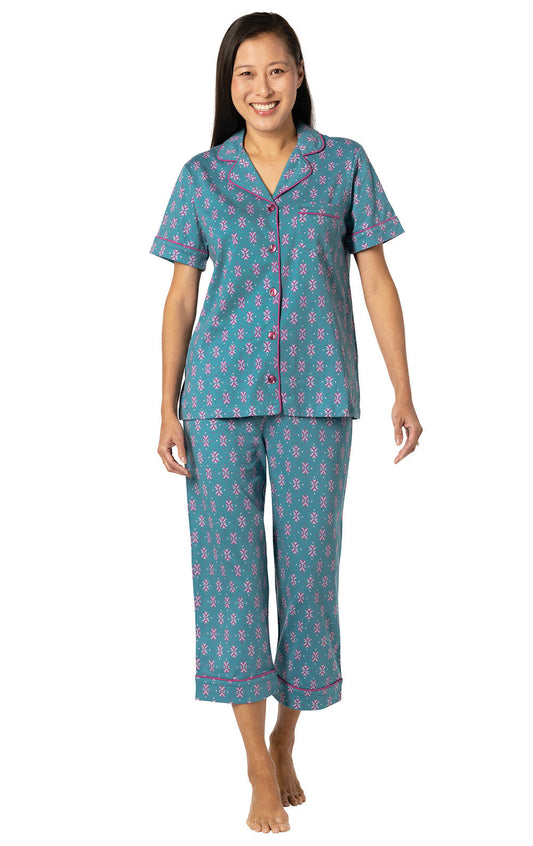 Teal Foulard Short Sleeve Button-Front Capri Pajamas- Final Sale