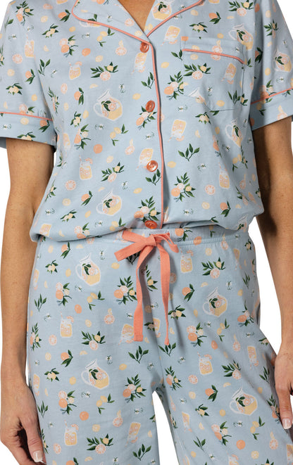 Printed Short Sleeve Button-Front Capri Pajamas