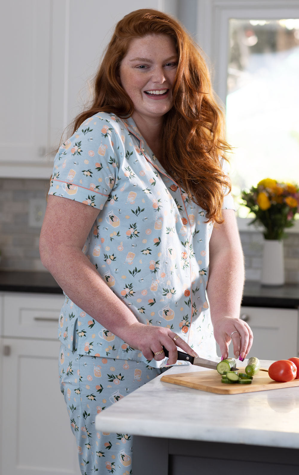 Printed Short Sleeve Button-Front Capri Pajamas
