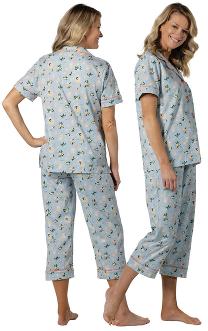 Printed Short Sleeve Button-Front Capri Pajamas