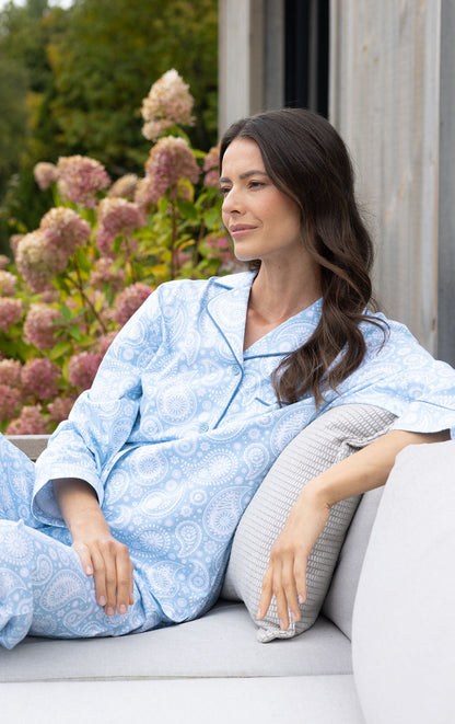 Printed Button-Front Pajamas- Blue Paisley