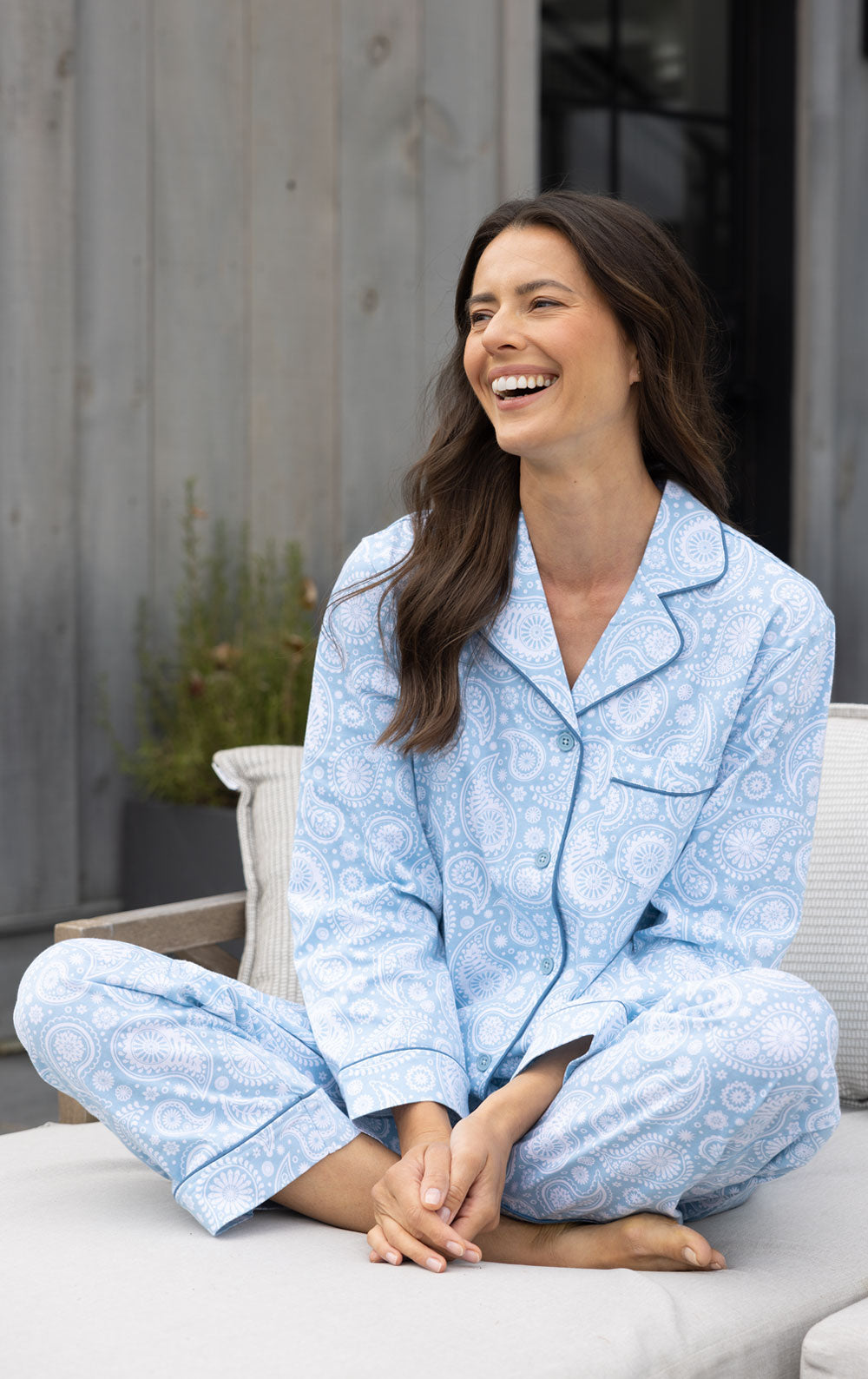 Printed Button-Front Pajamas- Blue Paisley