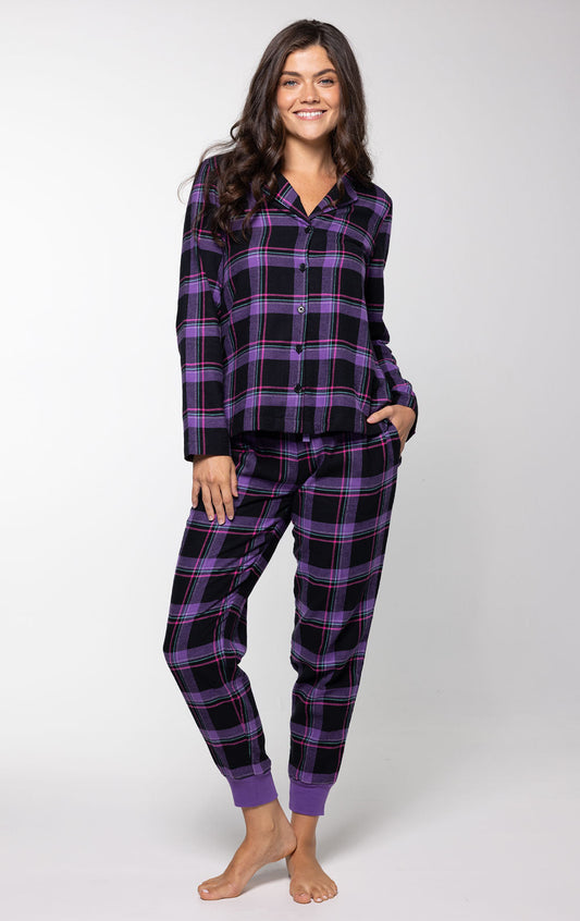 Plaid Button-Front Jogger Pajamas