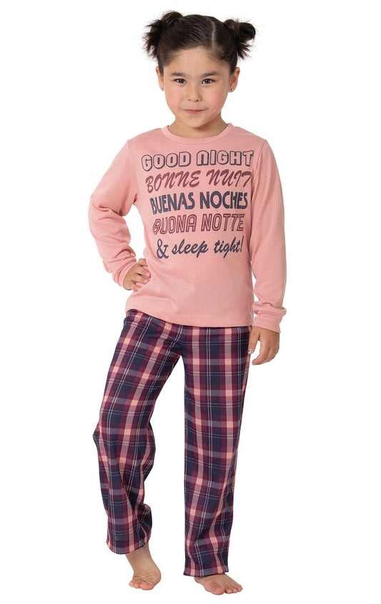 Long Sleeve Graphic Tee Unisex Kids Pajamas - Good Night  Plum Plaid - Final Sale