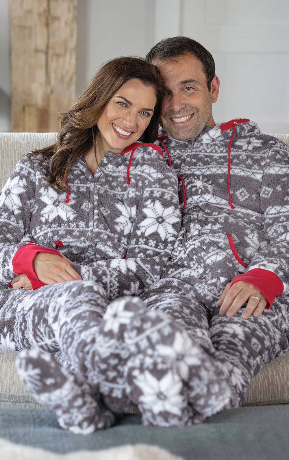 Nordic Fleece Hoodie-Footie Onesie Matching Couples Pajamas