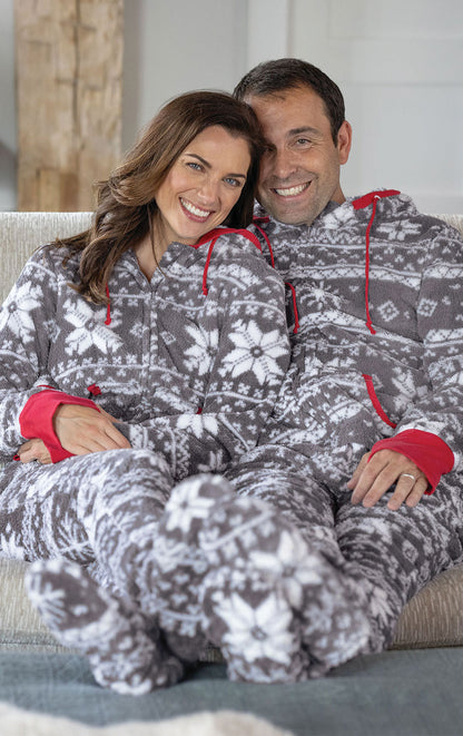 Nordic Fleece Hoodie-Footie Onesie Matching Couples Pajamas