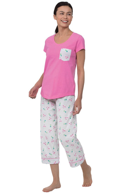 Pocket Tee Capri Pajamas - Flamingo Stipe - Final Sale