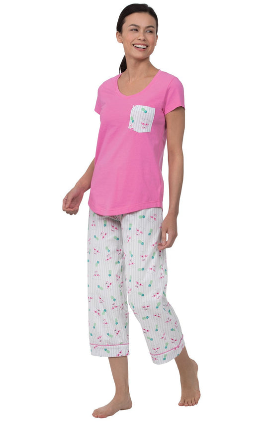 Pocket Tee Capri Pajamas - Flamingo Stipe - Final Sale