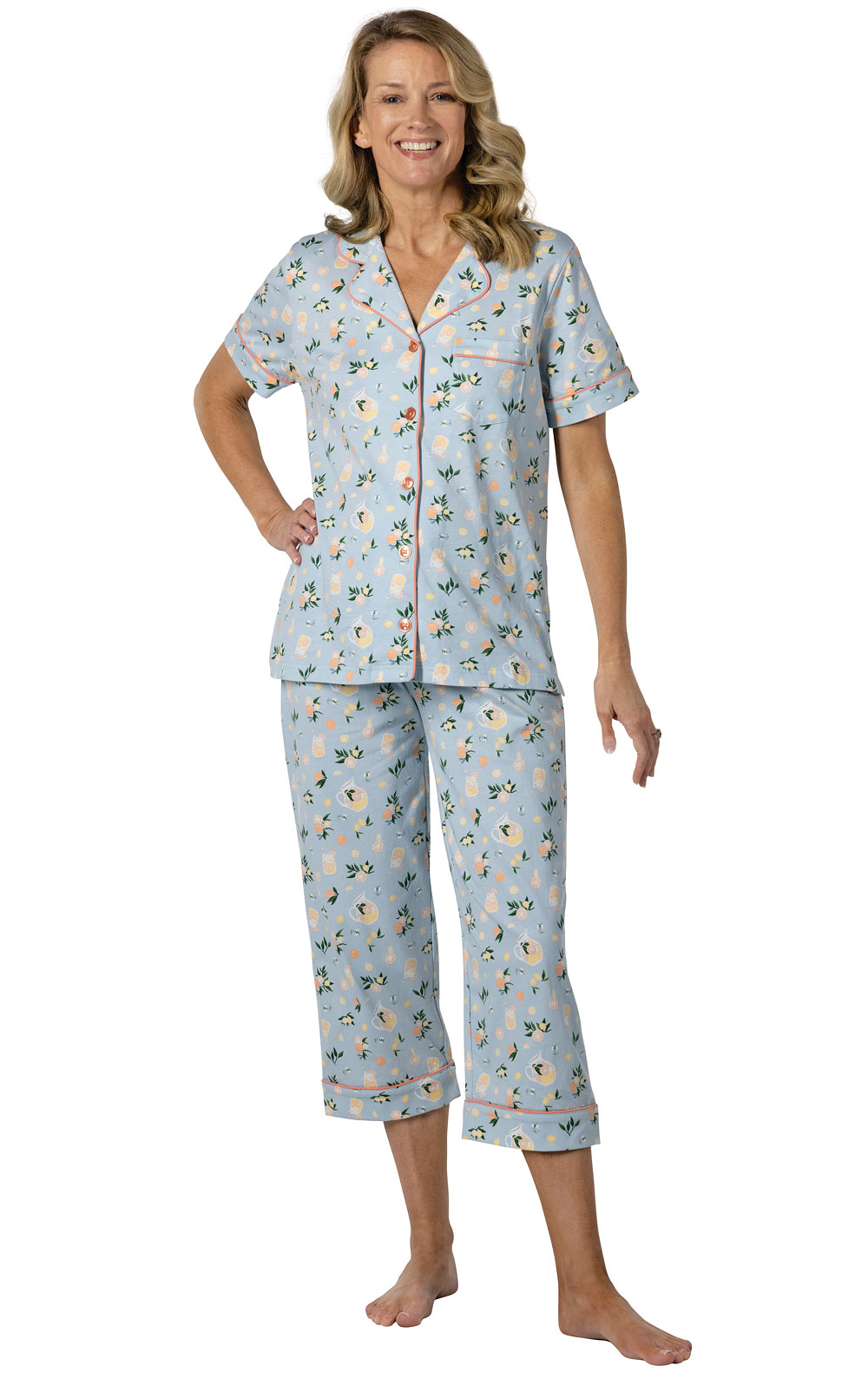 Printed Short Sleeve Button-Front Capri Pajamas