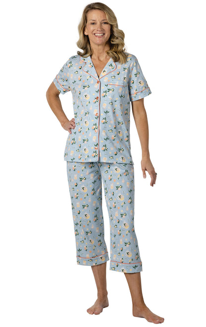 Printed Short Sleeve Button-Front Capri Pajamas