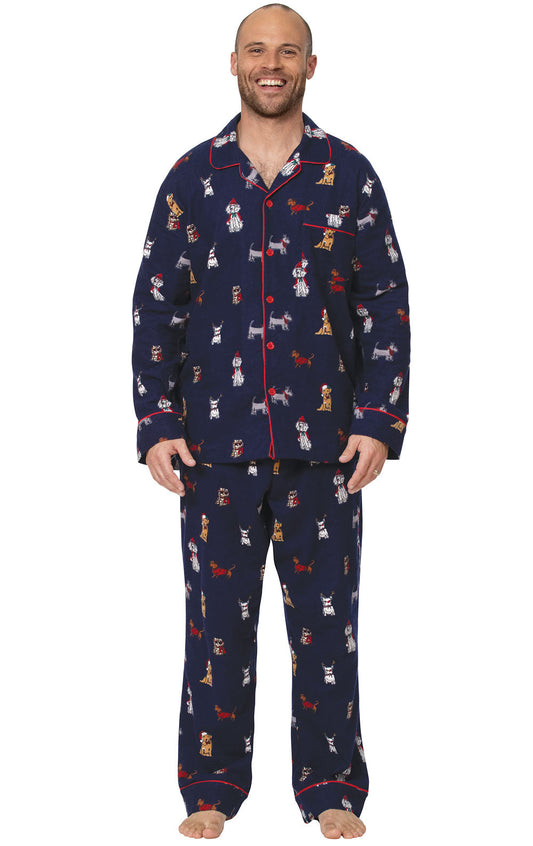 Christmas Dogs Flannel Button-Front Men's Pajamas