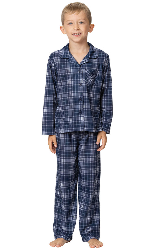 Printed Button-Front Unisex Kids Pajamas - Blue Plaid - Final Sale