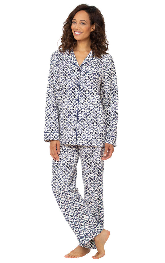 Printed Jersey Button-Front Pajamas - Blue Block