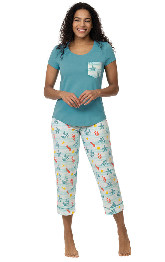Teal Reef Pocket Tee Capri Pajamas- Final Sale