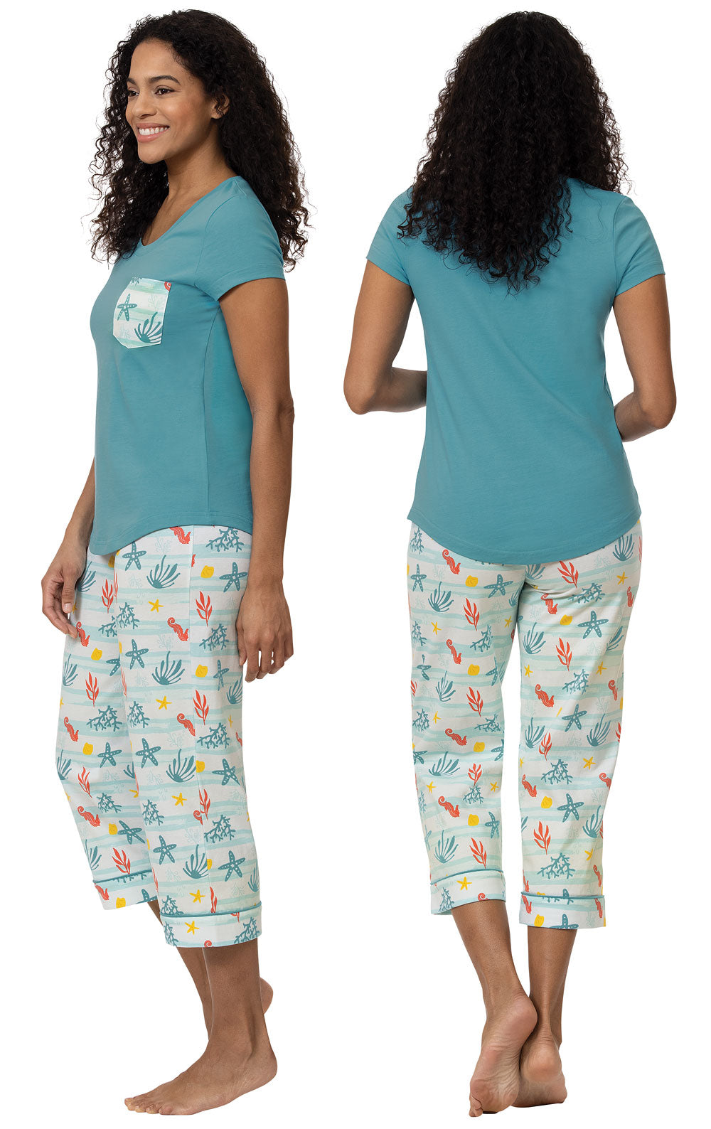 Teal Reef Pocket Tee Capri Pajamas- Final Sale