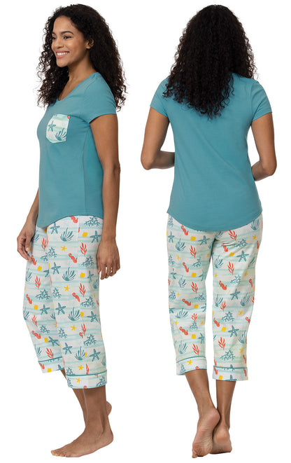 Teal Reef Pocket Tee Capri Pajamas- Final Sale
