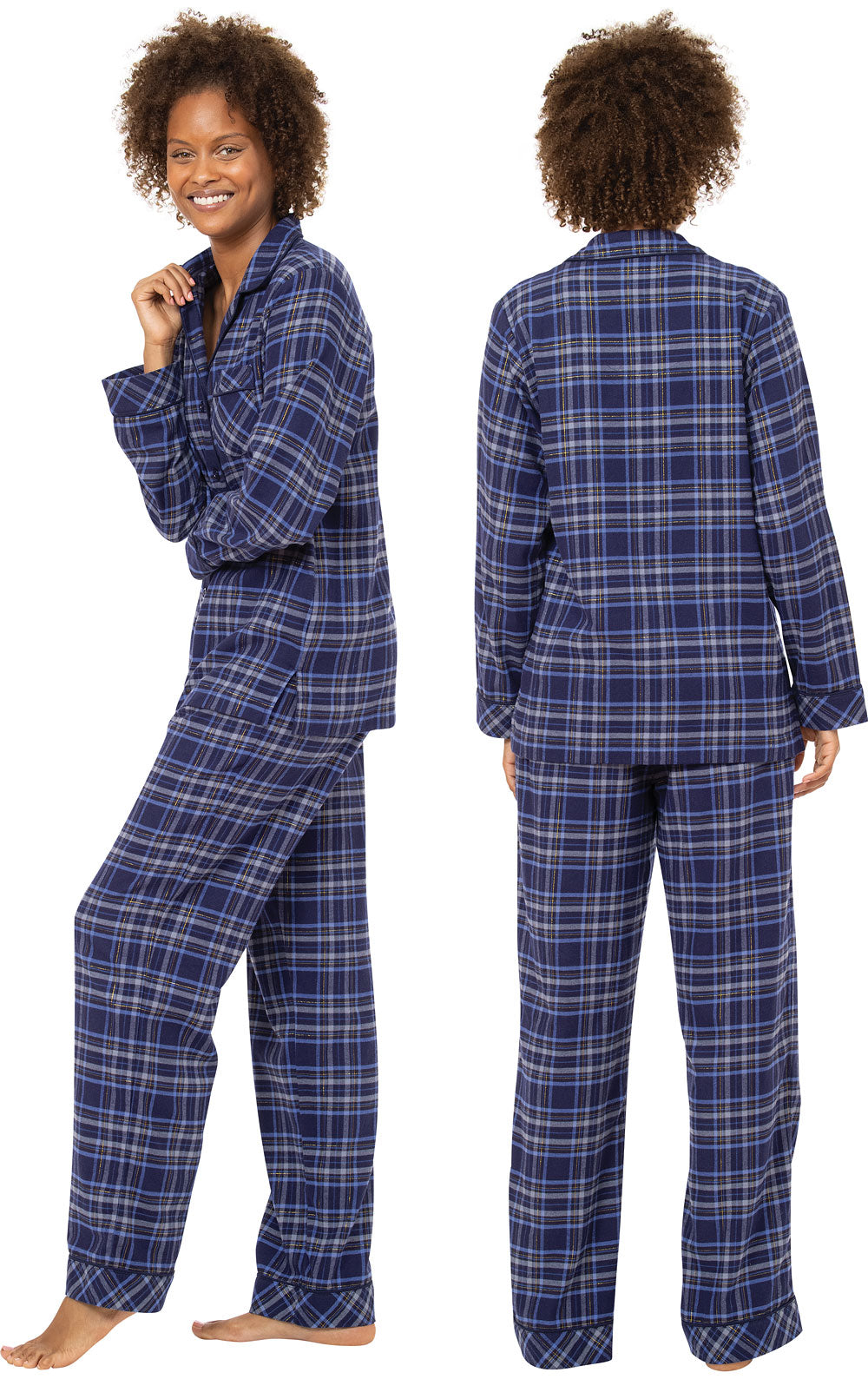 Glitzy Plaid Button-Front Pajamas - Navy