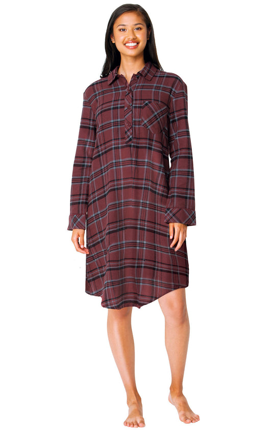 Plaid Flannel Sleepshirt - Burgundy - Final Sale